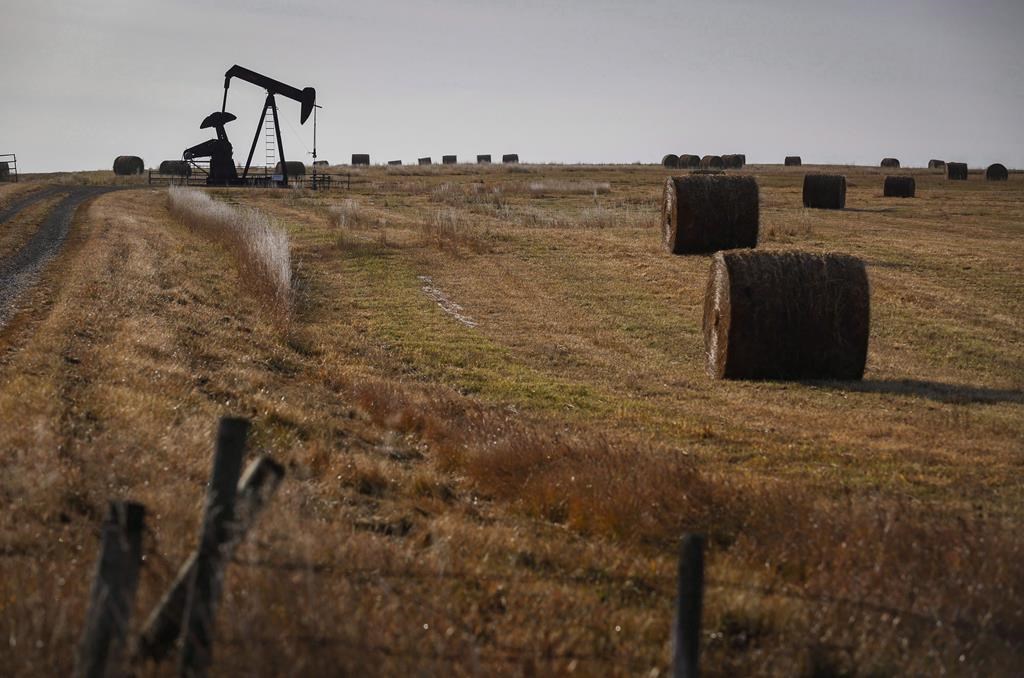 A pumpjack works at a well head on an oil and gas installation near Cremona, Alta., Saturday, Oct. 29, 2016. 