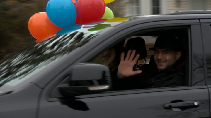 Calgary Flames captain Mark Giordano and his wife Lauren Giordano take part in a birthday train celebration on Sunday, April 5, 2020.