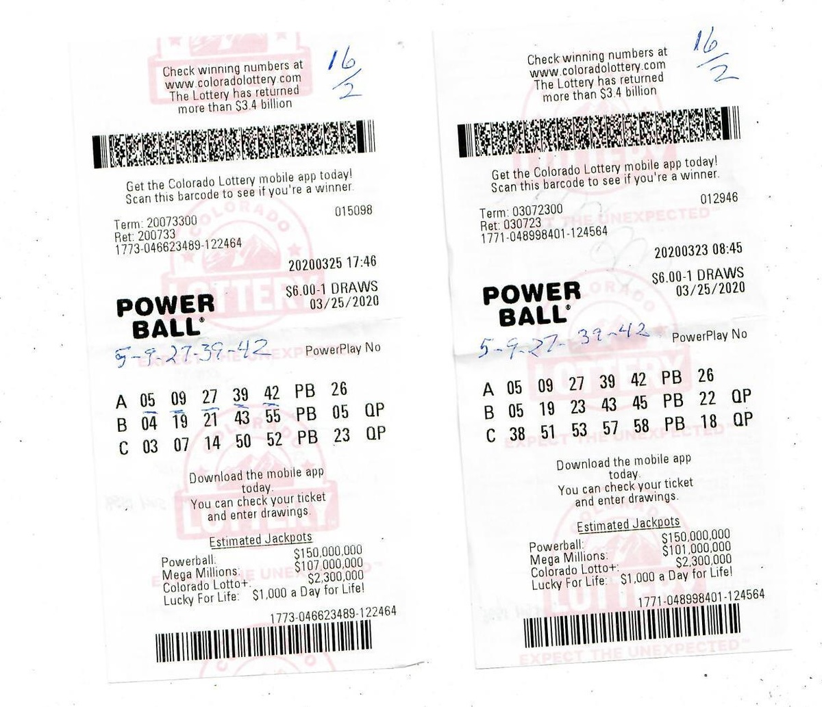 Two winning lottery tickets are shown in the Powerball draw from March 25, 2020.