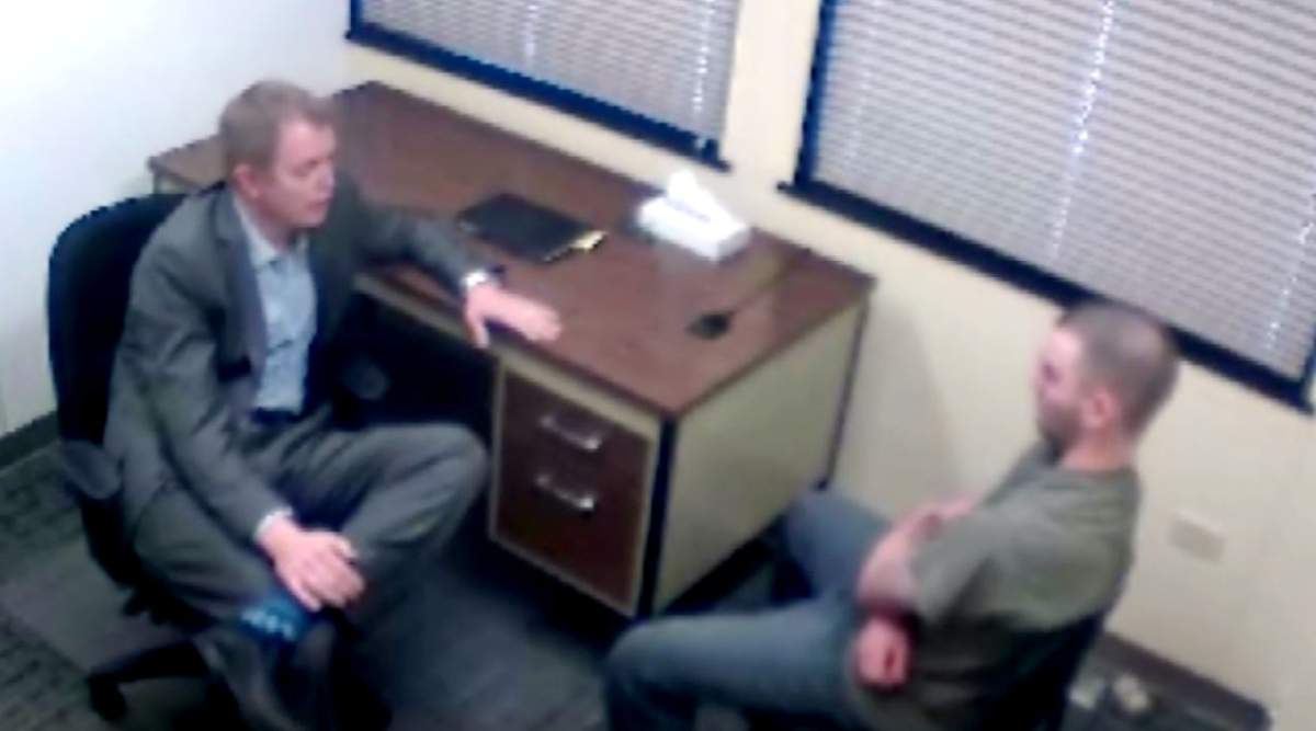 Police interrogate Derek Saretzky.