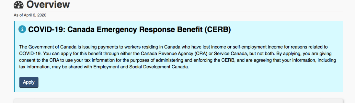 Screenshot of the Canada Emergency Response Benefit portal Canadians see when they’ve logged into the CRA My Account portal.