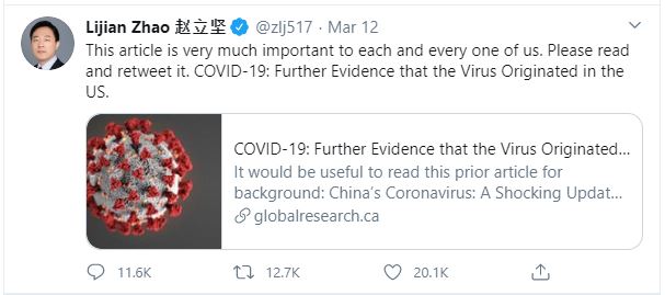 Tweet of Global Research story by Chinese official popularized COVID-19 conspiracy theory, report says.