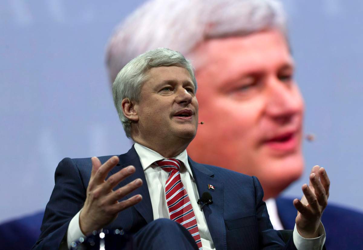 Former prime minister of Canada Stephen Harper speaks at the 2017 American Israel Public Affairs Committee policy conference in Washington, Sunday, March 26, 2017.