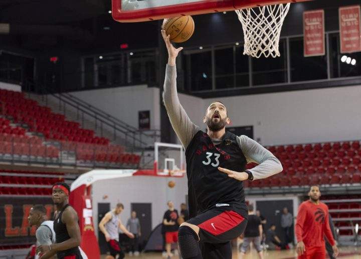 Toronto Raptors Marc Gasol goes to the basket during the Raptors training camp practice Monday, September 30, 2019 at Laval University in Quebec City. 