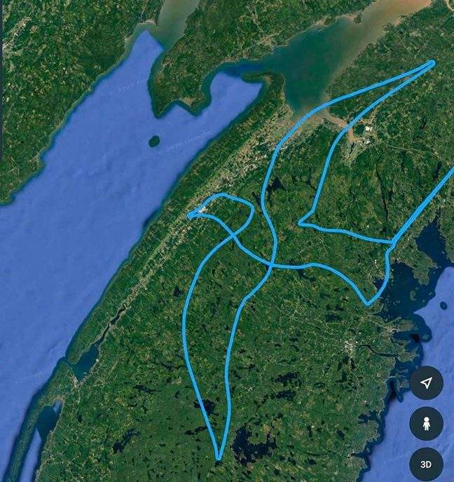 Dimitri Neonakis flew this bird-shaped pattern in order to honour the six Canadian Armed Forces personnel who died in the CH-148 helicopter crash.