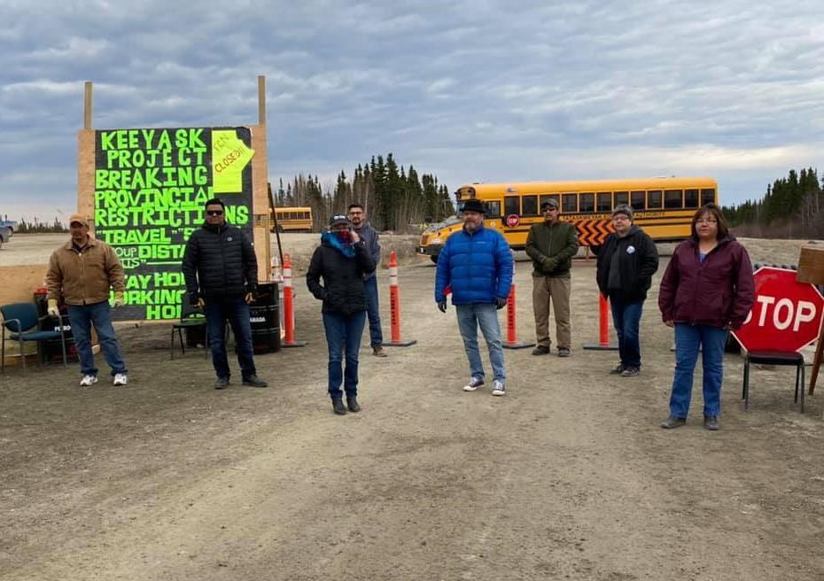Members of Manitoba First Nations, shown here in this recent handout image, worried about the spread of COVID-19 have been served an injunction ordering the group to remove a blockade into the Keeyask Generating construction site in Split Lake, Manitoba.