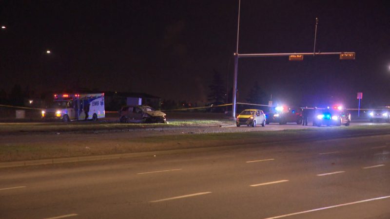 Calgary police investigate a fatal two-vehicle crash on 16 Avenue and 52 Street Northeast just before 3 a.m. on Wednesday, May 13, 2020.