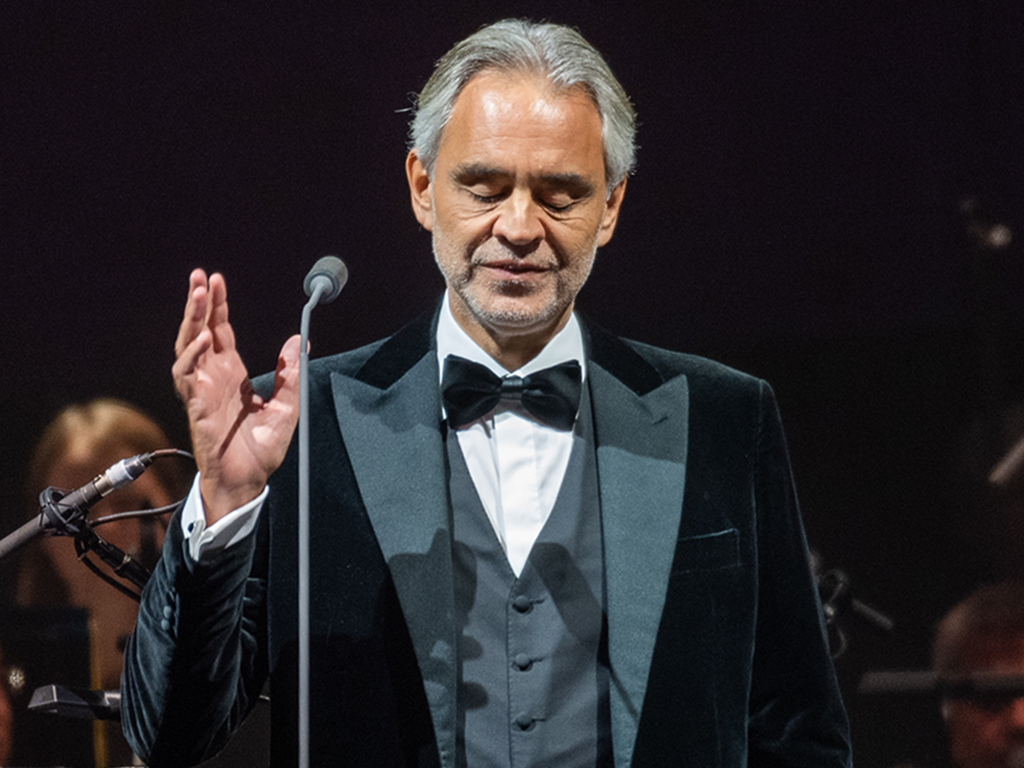 Andrea Bocelli performs on stage at The SSE Hydro on Oct. 20, 2019 in Glasgow, Scotland.