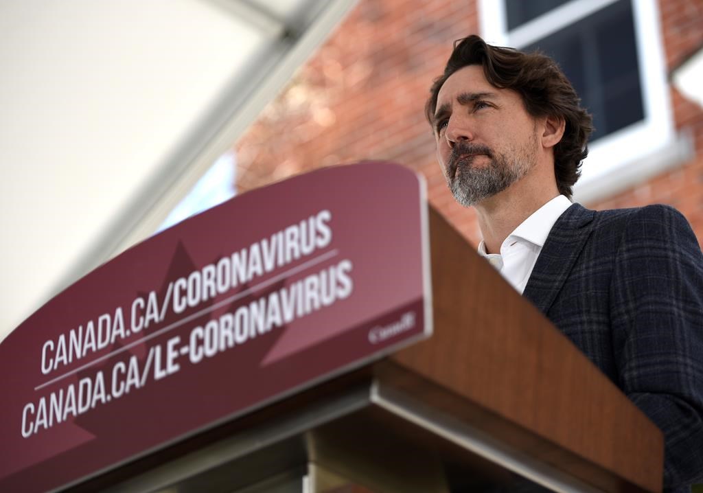 Prime Minister Justin Trudeau speaks during his daily news conference on the COVID-19 pandemic outside his residence at Rideau Cottage in Ottawa, on Sunday, May 3, 2020.