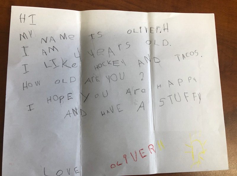 “I hope you are happy and have a stuffy,” reads a letter from 4-year-old Oliver.