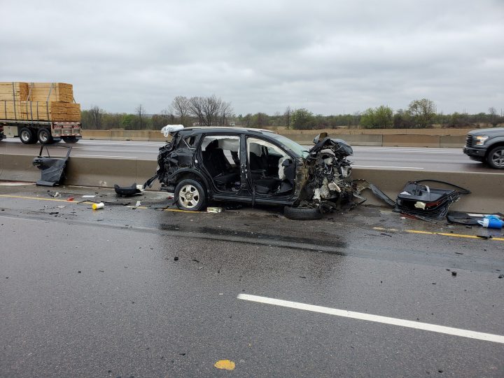 The scene of the crash on Highway 401 near Trafalgar Road.
