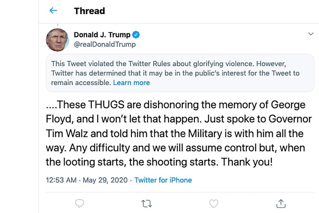 This image from the Twitter account of President Donald Trump shows a tweet he posted on Friday, May 29, 2020, after protesters in Minneapolis torched a police station, capping three days of violent protests over the death of George Floyd, who pleaded for air as a white police officer knelt on his neck. The tweet drew a warning from Twitter for Trump’s rhetoric, with the social media giant saying he had “violated the Twitter Rules about glorifying violence.” (Twitter via AP)