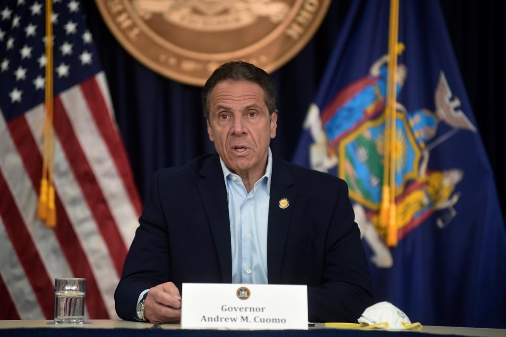 New York Gov. Andrew Cuomo briefs the media during a coronavirus news conference at his office in New York City, Saturday, May 9, 2020.