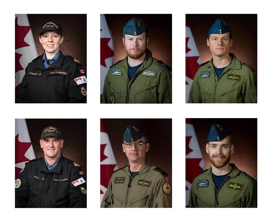 Canadian Armed Forces members (clockwise from top left) Sub-Lt. Abbigail Cowbrough, Capt. Brenden MacDonald, Capt. Kevin Hagen, Capt. Maxime Miron-Morin, Master Cpl. Matthew Cousins and Sub-Lt. Matthew Pyke are shown in a Department of National Defence handout photos. All were aboard a Cyclone helicopter which crashed into the Ionian Sea off the coast of Greece on April 29, 2020.