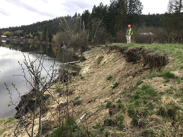 A technical expert assess rising waters and erosion on the rail trail along the Shuswap River this spring for the Sicamous to Armstrong rail trail development plan. 