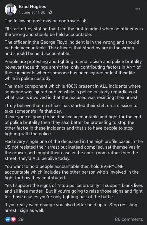 Kingston police have confirmed that this post published by one of their officers, Det. Brad Hughes, has launched an internal investigation.