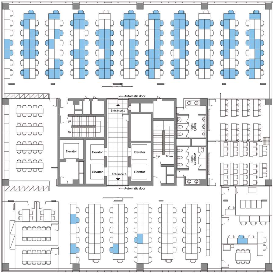 Floor plan of the 11th floor of Building X, site of a coronavirus disease outbreak, Seoul, South Korea, 2020. Blue colouring indicates the seating places of persons with confirmed cases. Park SY, Kim YM, Yi S, Lee S, Na BJ, Kim CB, et al. Coronavirus disease outbreak in call centre, South Korea. Emerg Infect Dis. 2020 Aug [June 18, 2020].