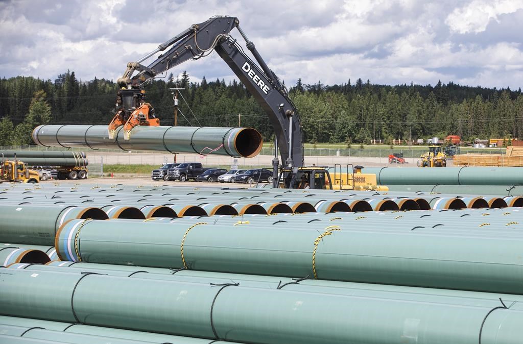 Pipe for the Trans Mountain pipeline is unloaded in Edson, Alta. on Tuesday June 18, 2019. The Trans Mountain Expansion project says it has reached another "key milestone" as it works to triple capacity of a pipeline moving oil from the Edmonton area to port in Burnaby, B.C. THE CANADIAN PRESS/Jason Franson.