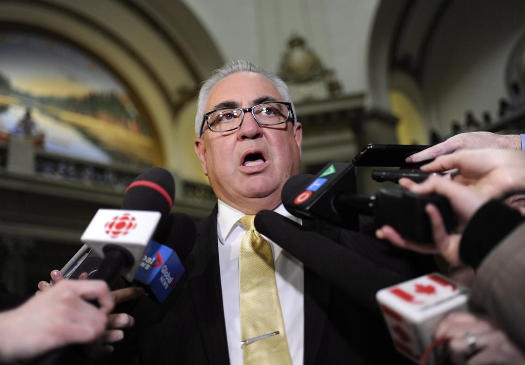 Joe Hargrave, MLA for Prince Albert, speaks to reporters following the speech from the throne in at the legislative building in Regina, Wednesday, October 25, 2017.