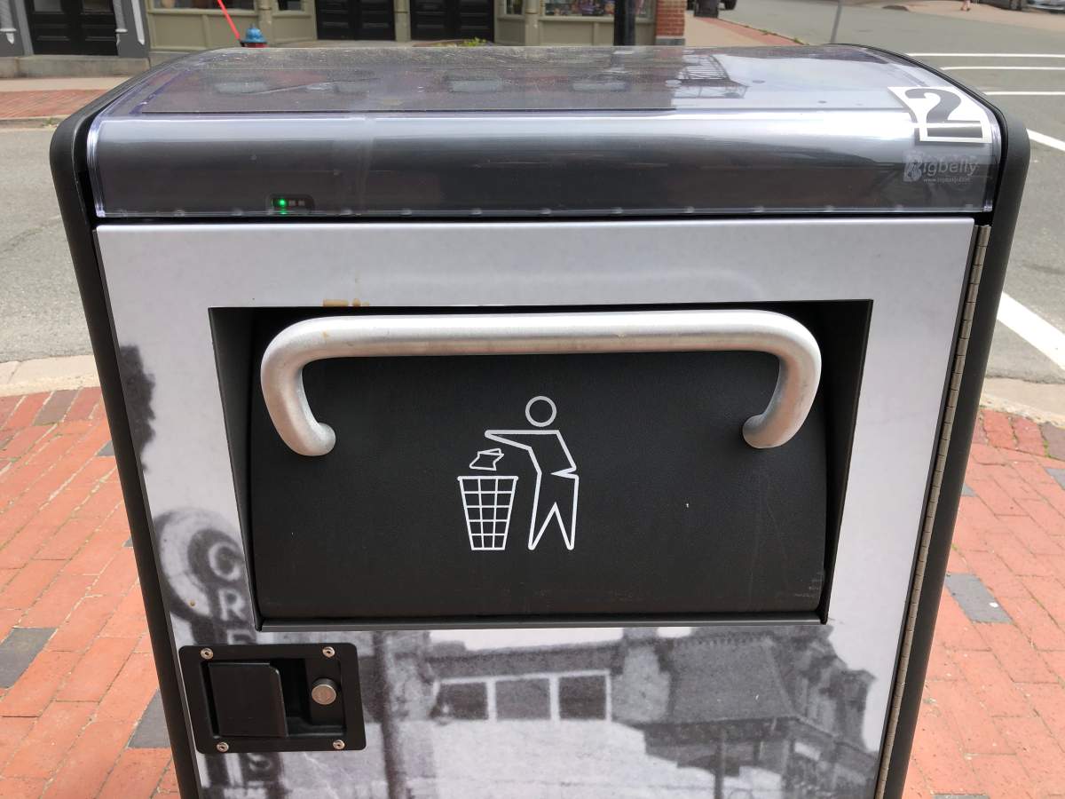 A Big Belly garbage can on Germain Street in uptown Saint John.