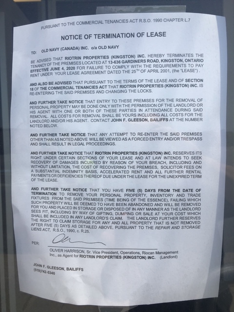 The Old Navy at Kingston\’s RioCan Centre has been served an eviction notice for non-payment of rent.