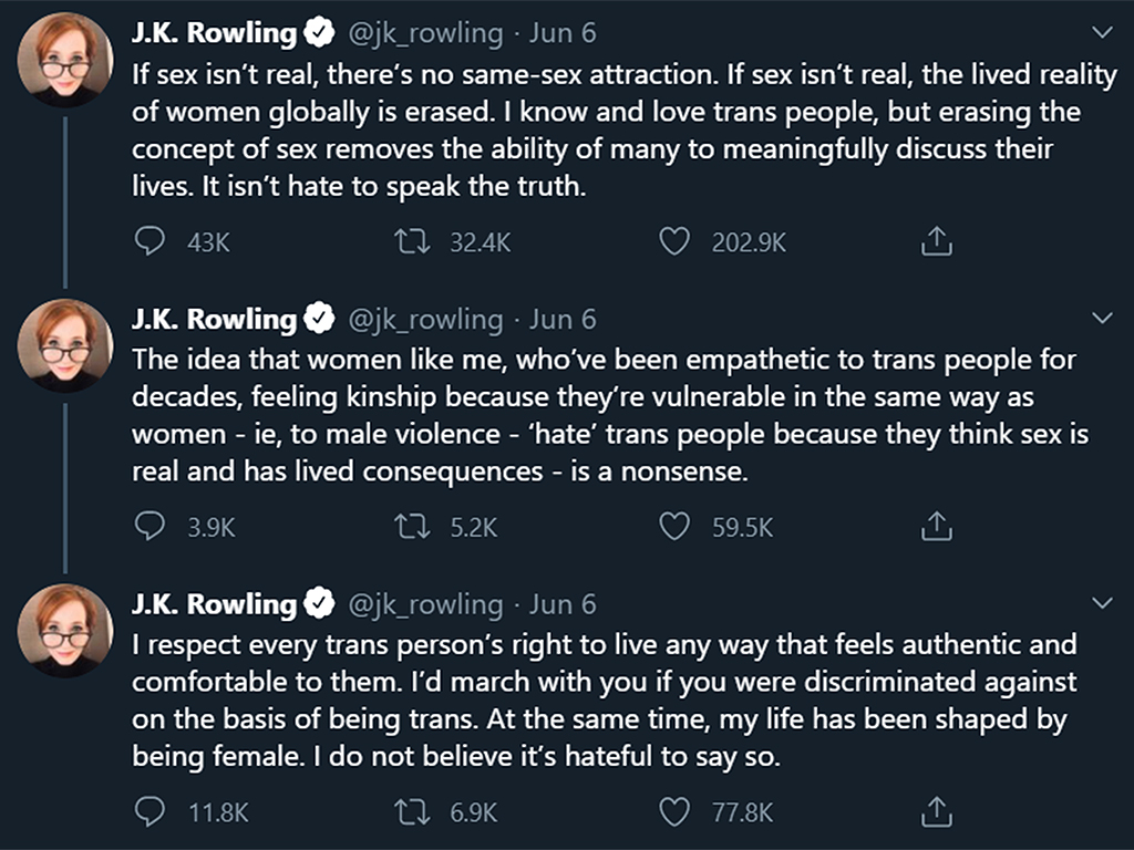 British author J.K. Rowling attempting to defend herself from the trans community on Twitter after facing major backlash by making supposedly “transphobic” comments. June 6, 2020.