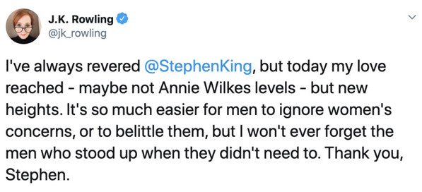 A since-deleted tweet about American novelist Stephen King, published by British author J.K. Rowling on June 28, 2020.