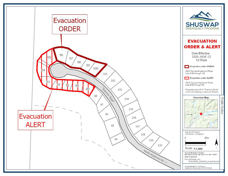 A map showing the properties under the evacuation order and alert.