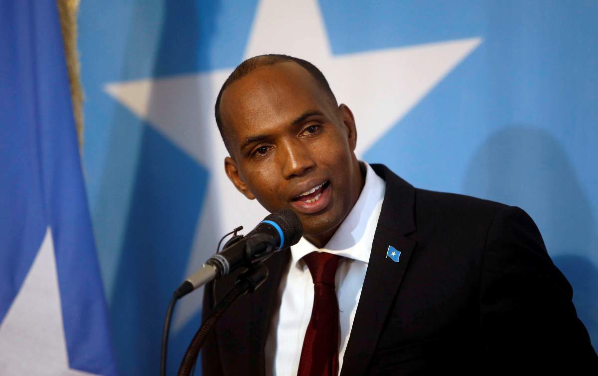 FILE PHOTO: Somalia's Prime Minister Hassan Ali Khaire addresses the Parliament seating where he was confirmed in Somalia's capital Mogadishu March 1, 2017. 