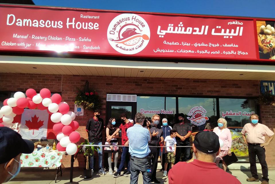 Mayor Ed Holder, Counc. Paul Van Meerbergen, and MPP Peggy Sattler joined Rasool and Faekah Alabrach for the grand opening of their restaurant, Damascus House, on July 17, 2020.