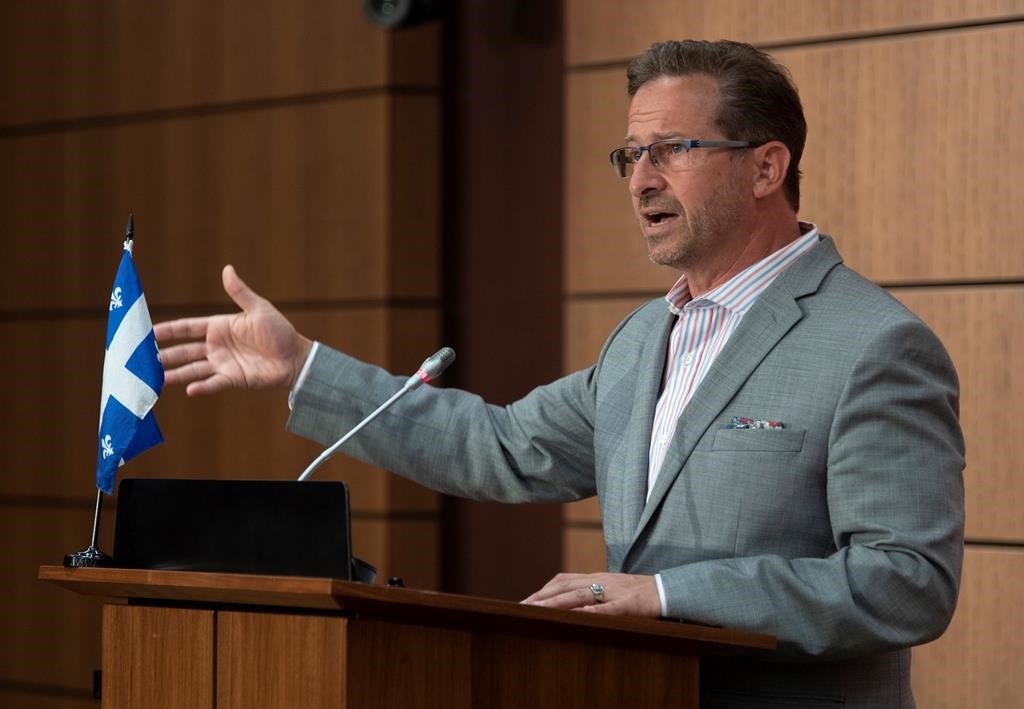 In this July 2020 photo, Bloc Quebecois Leader Yves-Francois Blanchet responds to a question during a news conference in Ottawa. Blanchet is distancing himself and his party from the federal government's stance on free speech. Monday, Nov. 2, 2020.