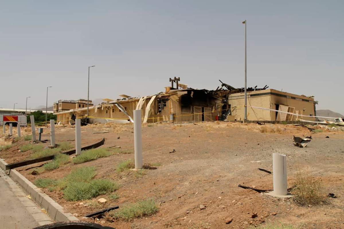 This photo released Thursday, July 2, 2020, by the Atomic Energy Organization of Iran, shows a building after it was damaged by a fire, at the Natanz uranium enrichment facility some 200 miles (322 kilometers) south of the capital Tehran, Iran. 