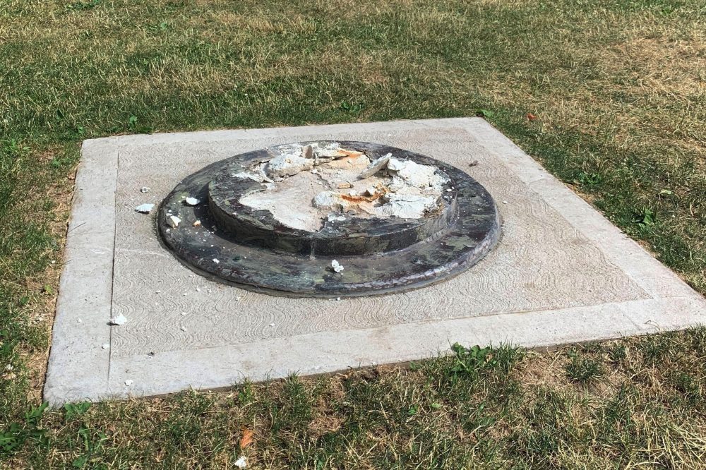 This photo provided by WROC-TV shows the remnants of a Frederick Douglass statue ripped from its base at a park in Rochester, N.Y., Sunday, July 5, 2020.