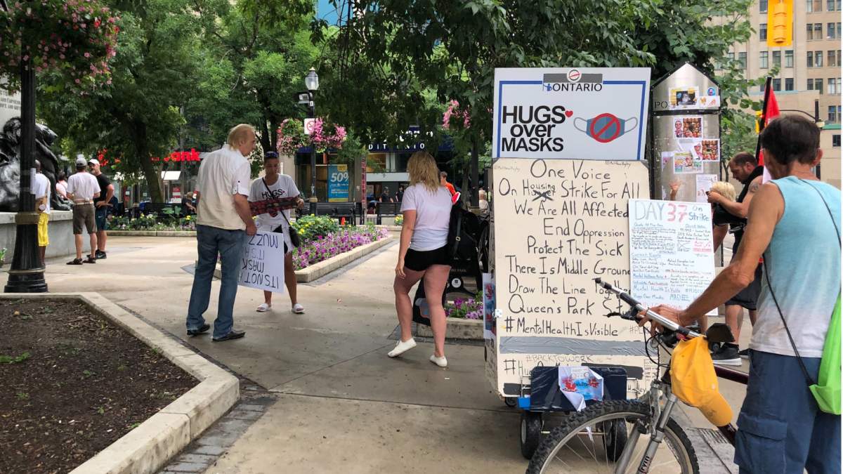 Anti-masking advocates rallied at Hamilton's Gore Park on Sunday July 20, 2020. The advocacy group says mandatory masking infringes on people's rights.