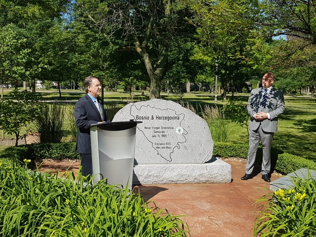 Commemoration of Windsor Srebrenica Massacre monument, June 30, 2020 (courtesy Brian Masse)