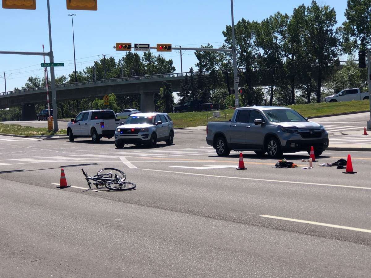 The scene at Memorial Drive and Edmonton Trail following a collision involving a cyclist on Tuesday, July 28, 2020.