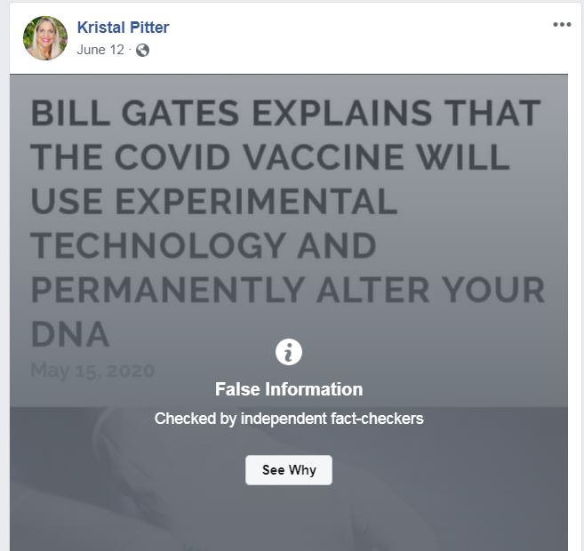 Some posts on the Kristal Pitter Facebook page have been flagged for false information.