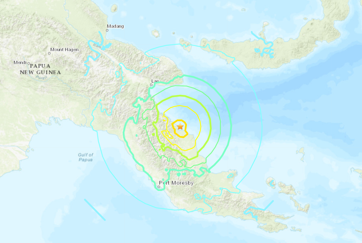 The epicentre of a 7.3-magnitude earthquake off Papua New Guinea on July 16, 2020.