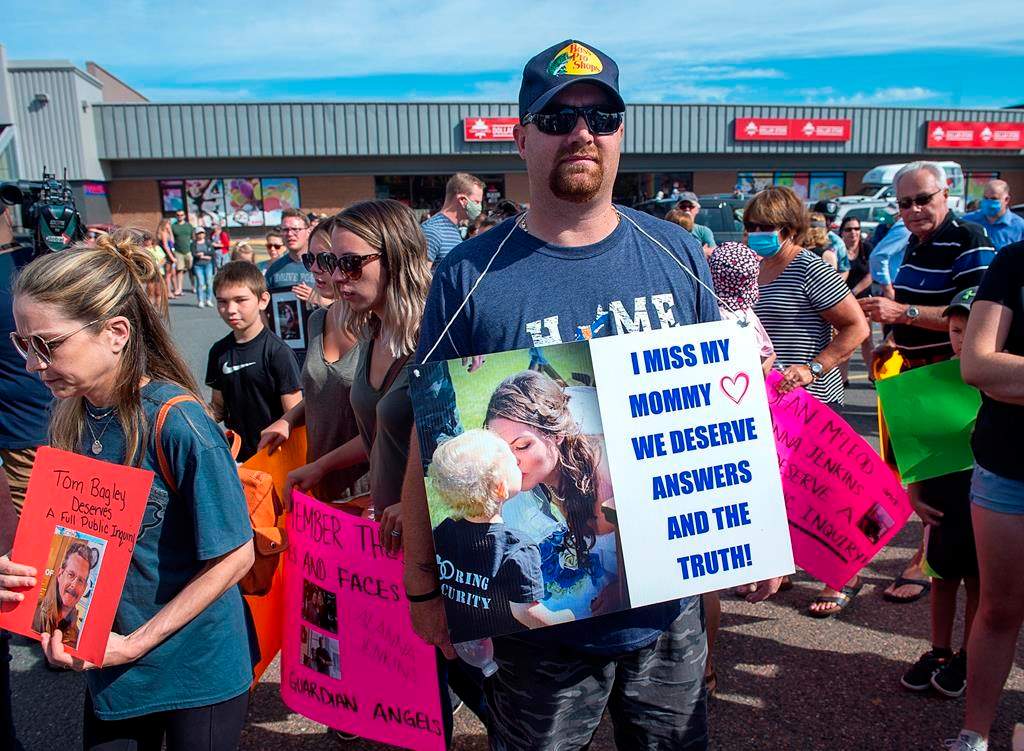 Nick Beaton, whose wife Kristen Beaton was killed in the April mass shooting, attends a march organized by families of victims demanding an inquiry into the crimes in Nova Scotia that killed 22 people, in Bible Hill, N.S. on Wednesday, July 22, 2020.