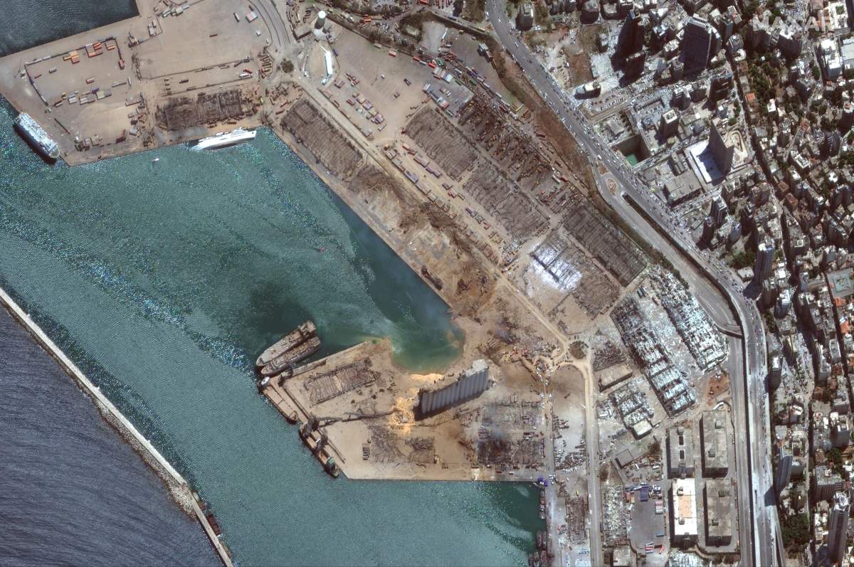 A satellite image shows the port of Beirut after an explosion, Lebanon, Aug. 5, 2020. Satellite image ©2020 Maxar Technologies/via REUTERS