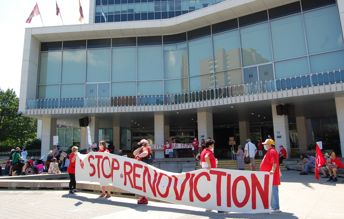 Tenants rights group ACORN rallying in front of Hamilton city hall in August 2020, calling for councillors to implemena bylaws to prevent renovictions.