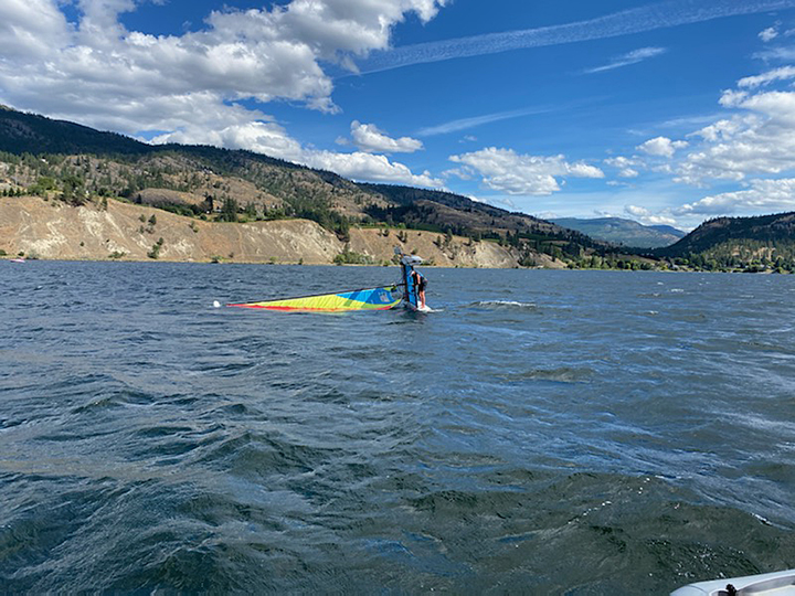 An overturned catamaran on Skaha Lake on Aug. 8, 2020.