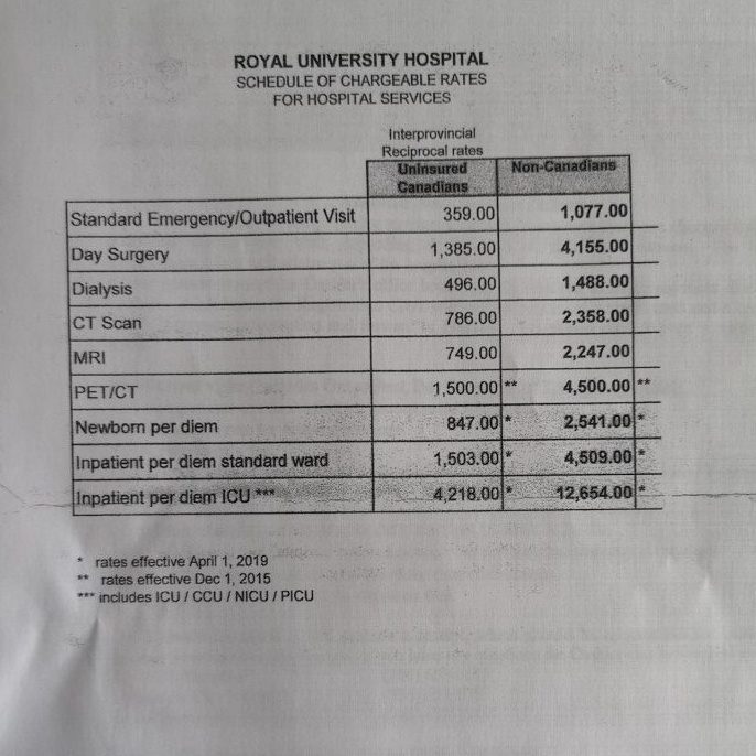 A document given to Sandra Medina by a doctor shows what some hospital procedures and stays cost for a non-Canadian without insurance. Medina says she cannot afford it.