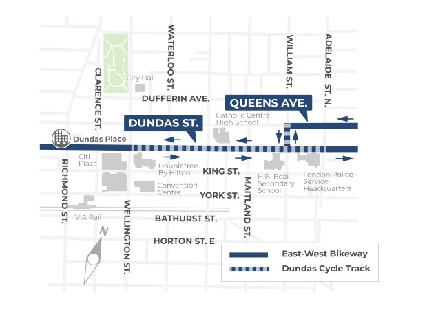 The Dundas Cycle Track will see a permanent, separated east-west route along Dundas Street between Wellington and Adelaide streets.
