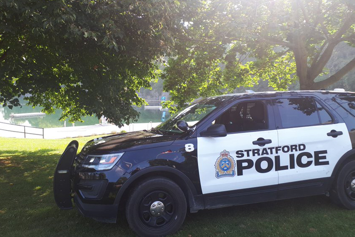A Stratford police vehicle parked in front of St. Mary's quarry.
