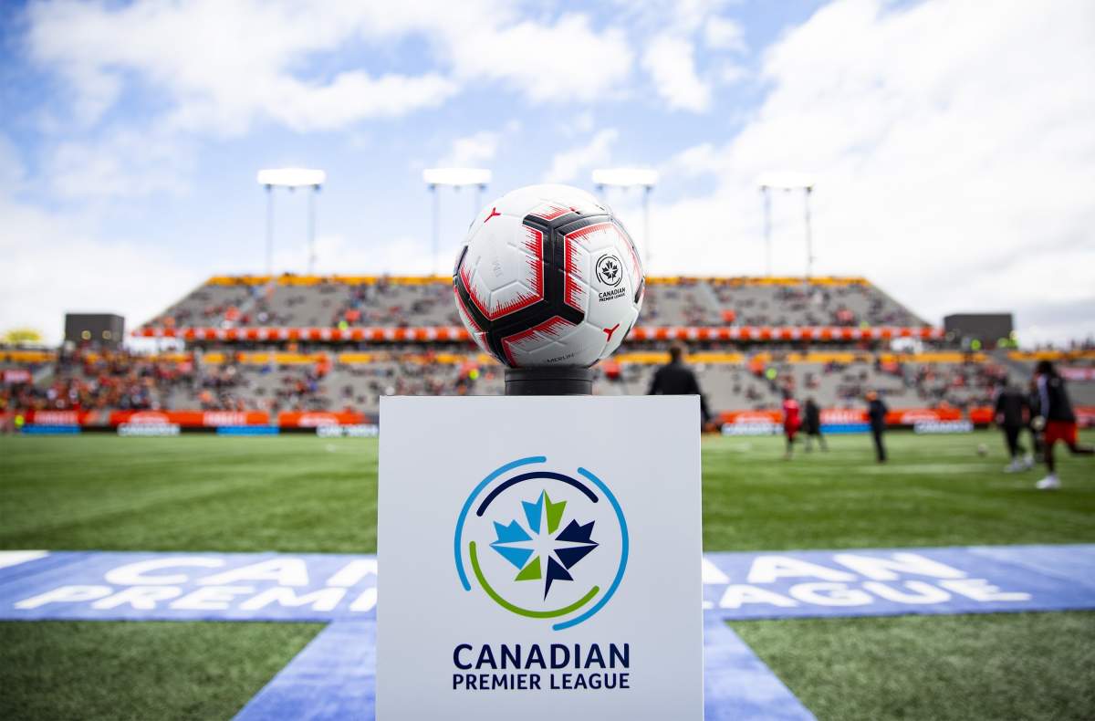 (File photo) A game ball sits on a pedestal ahead of the inaugural soccer match of the Canadian Premier League between Forge FC of Hamilton and York 9 in Hamilton, Ont., Saturday, April 27, 2019. 