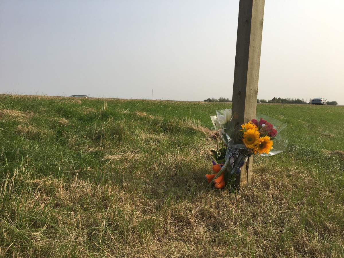 A memorial is seen on the side of Highway 21 where two Sherwood Park teenagers lost their lives on Sept. 17, 2020.
