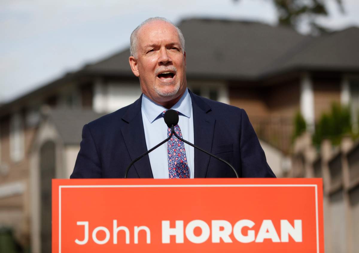 BC NDP Leader John Horgan announces there will be a fall election as he speaks during a press conference in Langford, B.C., on Sept. 21, 2020.