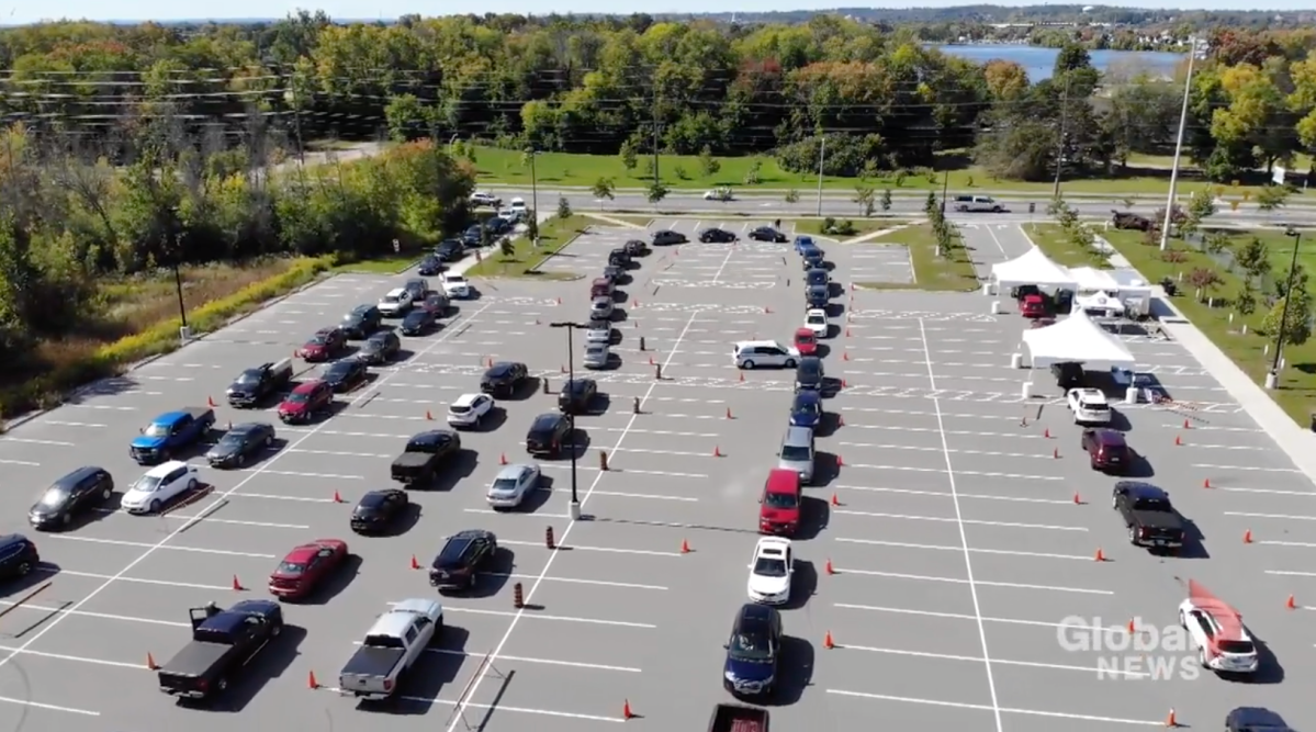 Vehicles line up at the COVID-19 drive-thru testing centre in Peterborough on Monday, Sept. 21. Testing will move inside to Northcrest Arena on Oct. 26.