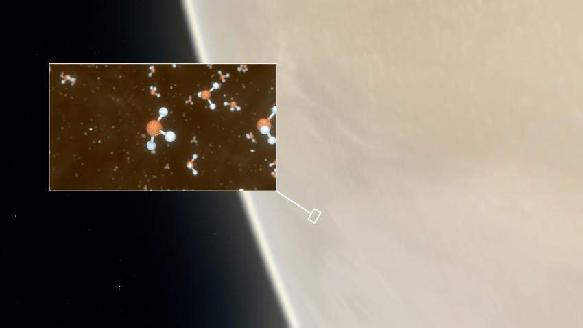 This artist’s impression shows Venus, with an inset showing a representation of the phosphine molecules detected in the high cloud decks.